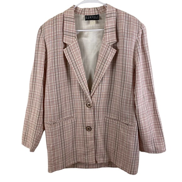 Vintage Rampage Pink Rayon Plaid Oversized Blazer - Picture 1 of 12